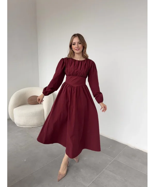 Drapeli Korsaj Detaylı Bordo Elbise