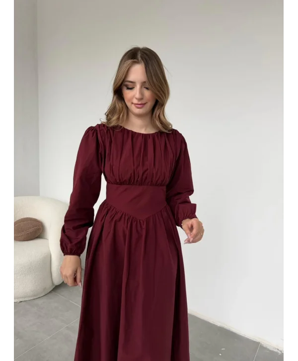 Drapeli Korsaj Detaylı Bordo Elbise