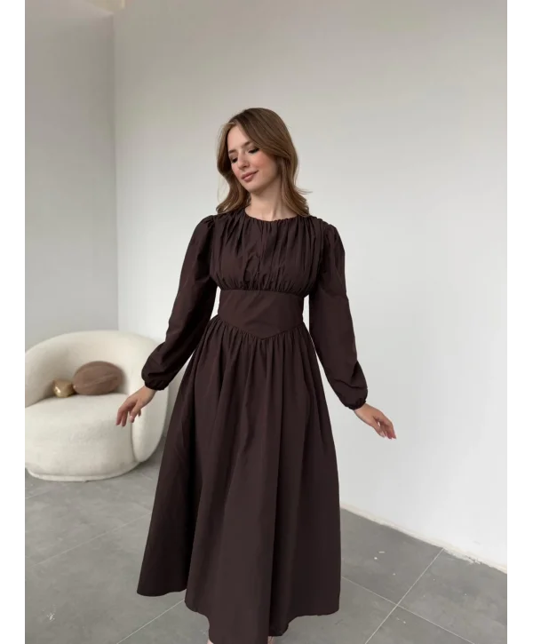 Drapeli Korsaj Detaylı Kahve Elbise