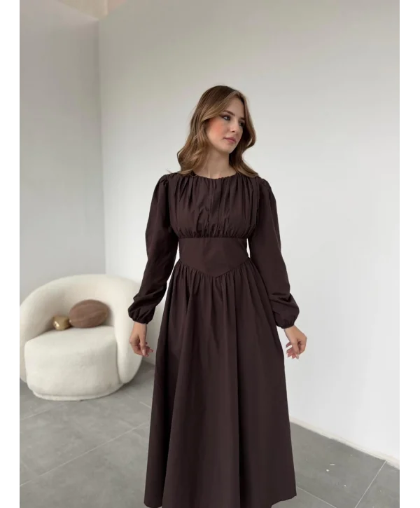 Drapeli Korsaj Detaylı Kahve Elbise