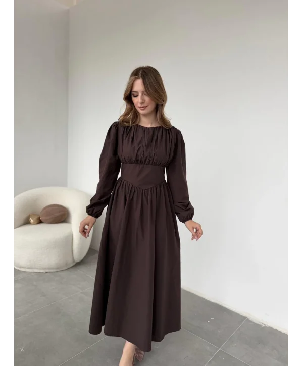 Drapeli Korsaj Detaylı Kahve Elbise