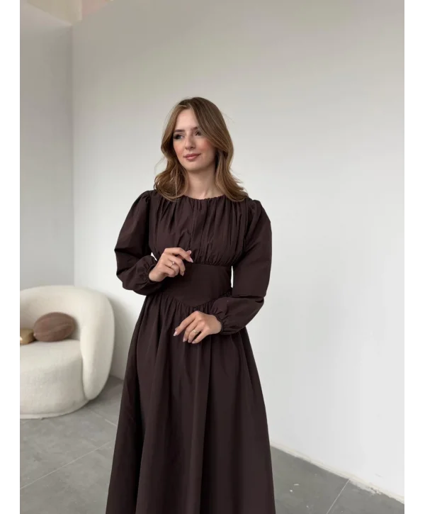 Drapeli Korsaj Detaylı Kahve Elbise