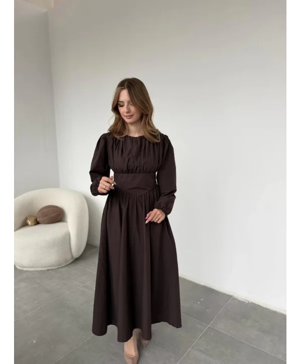 Drapeli Korsaj Detaylı Kahve Elbise