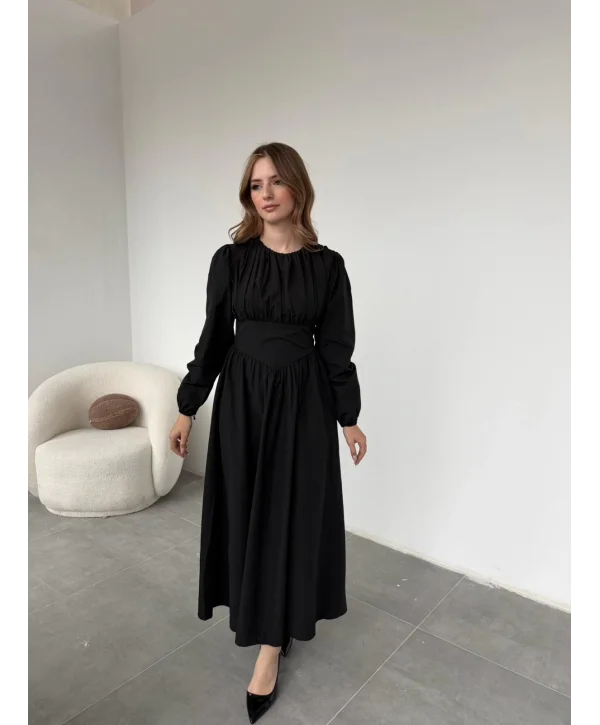 Drapeli Korsaj Detaylı Siyah Elbise