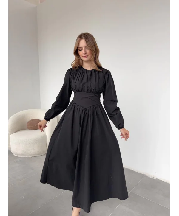 Drapeli Korsaj Detaylı Siyah Elbise