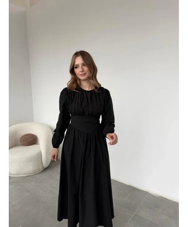 Drapeli Korsaj Detaylı Siyah Elbise