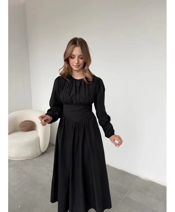 Drapeli Korsaj Detaylı Siyah Elbise