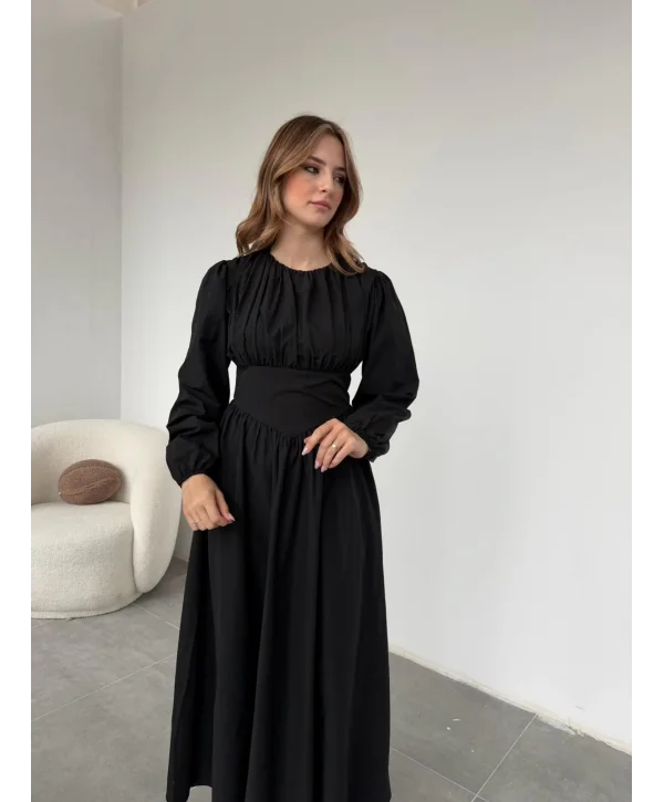 Drapeli Korsaj Detaylı Siyah Elbise