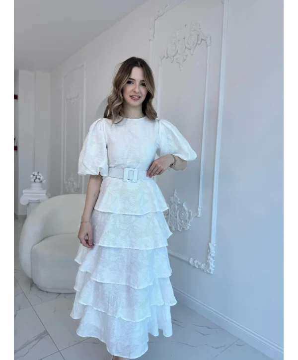 Ekru Kat Kat Balon Kollu Kemerli Elbise