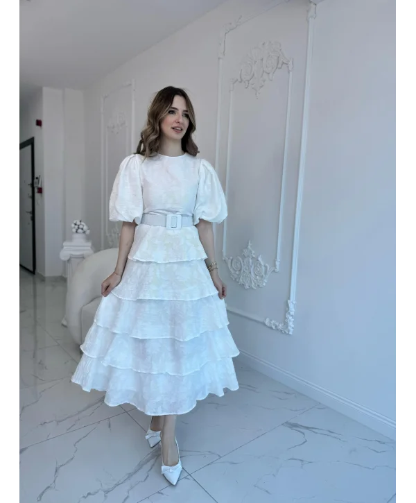 Ekru Kat Kat Balon Kollu Kemerli Elbise