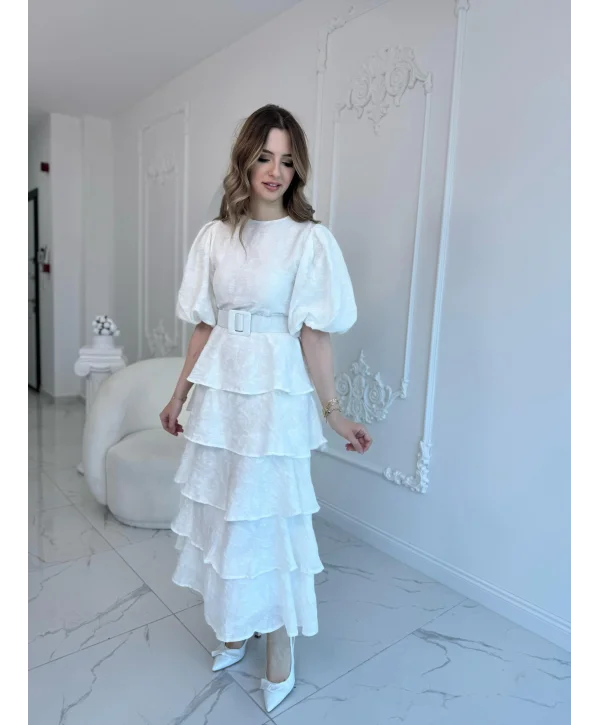 Ekru Kat Kat Balon Kollu Kemerli Elbise