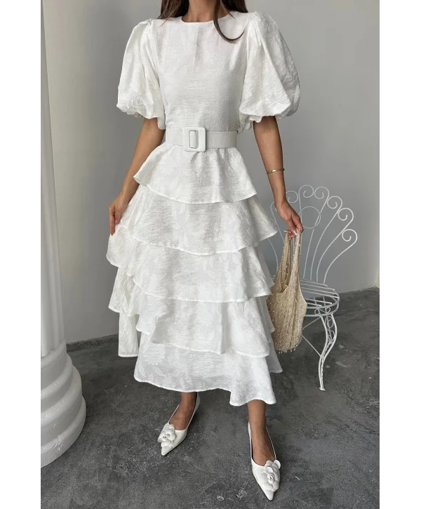 Ekru Kat Kat Balon Kollu Kemerli Elbise