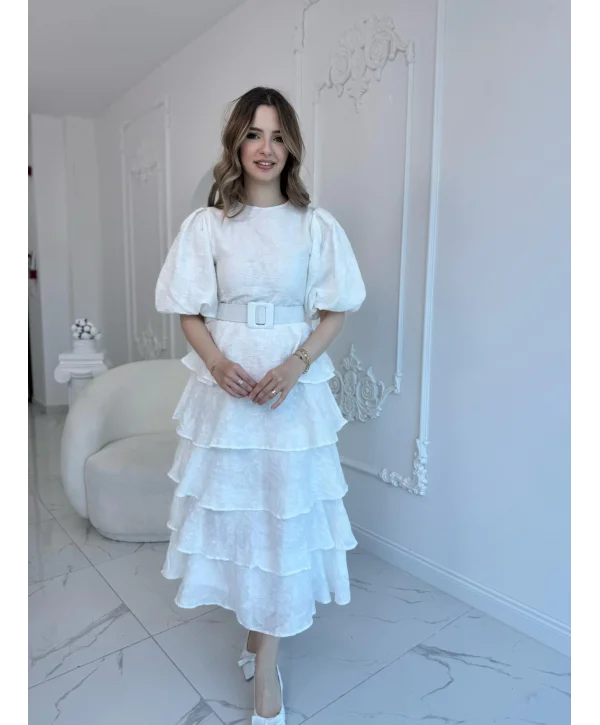 Ekru Kat Kat Balon Kollu Kemerli Elbise