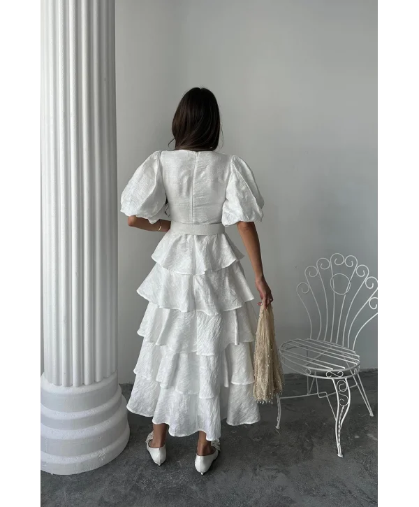 Ekru Kat Kat Balon Kollu Kemerli Elbise