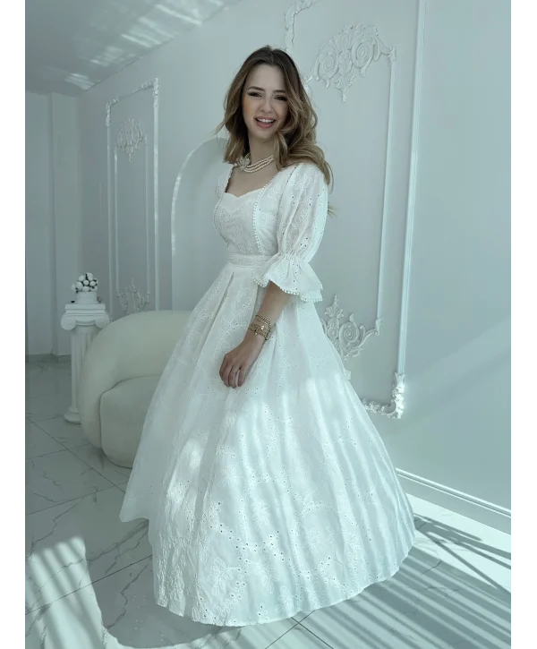 Ekru Kolu Lastikli Brode Prenses Elbise