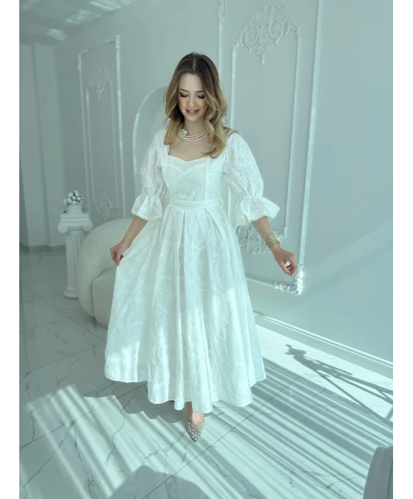 Ekru Kolu Lastikli Brode Prenses Elbise