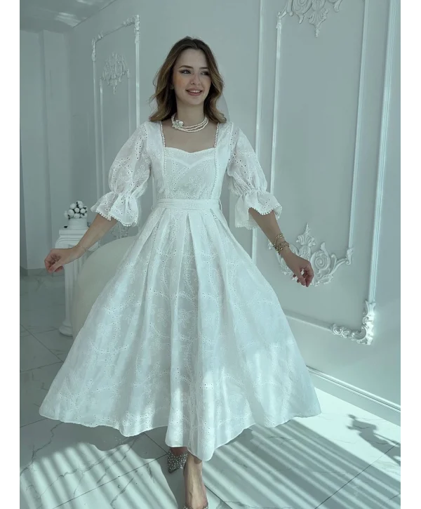 Ekru Kolu Lastikli Brode Prenses Elbise