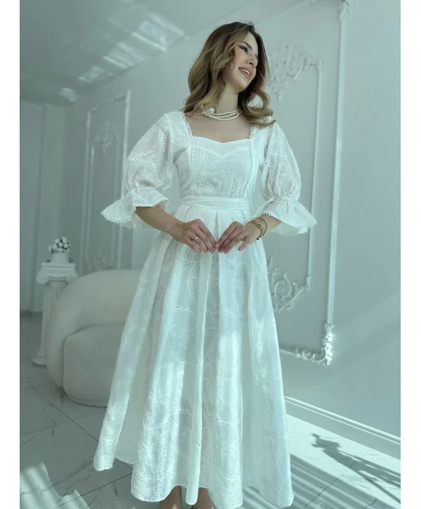 Ekru Kolu Lastikli Brode Prenses Elbise