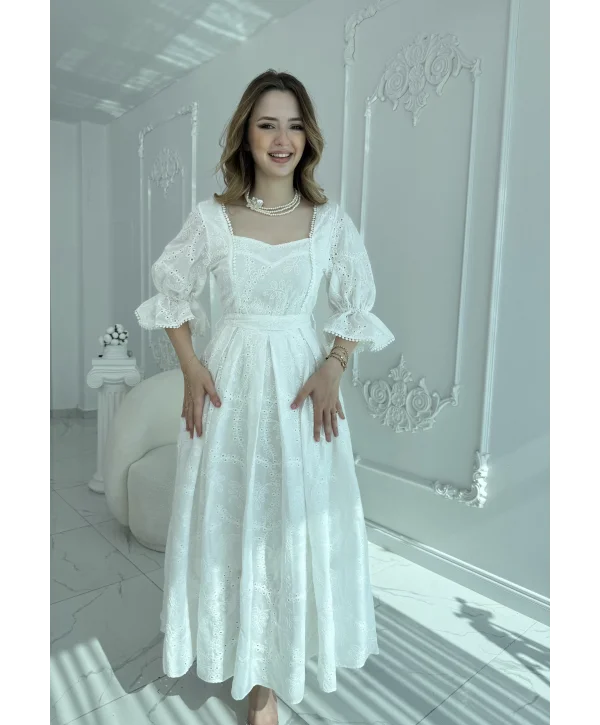 Ekru Kolu Lastikli Brode Prenses Elbise