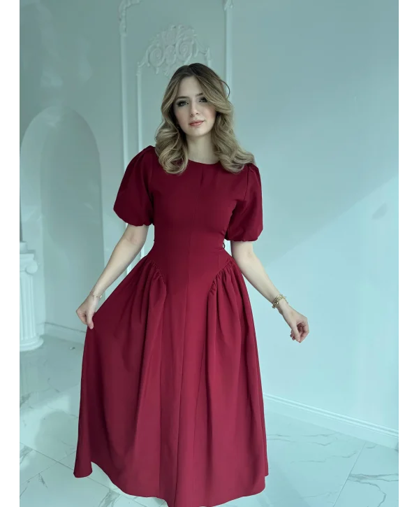 Etek Yanları Büzgülü Balon Kol Sırt Kuşaklı Bordo Elbise