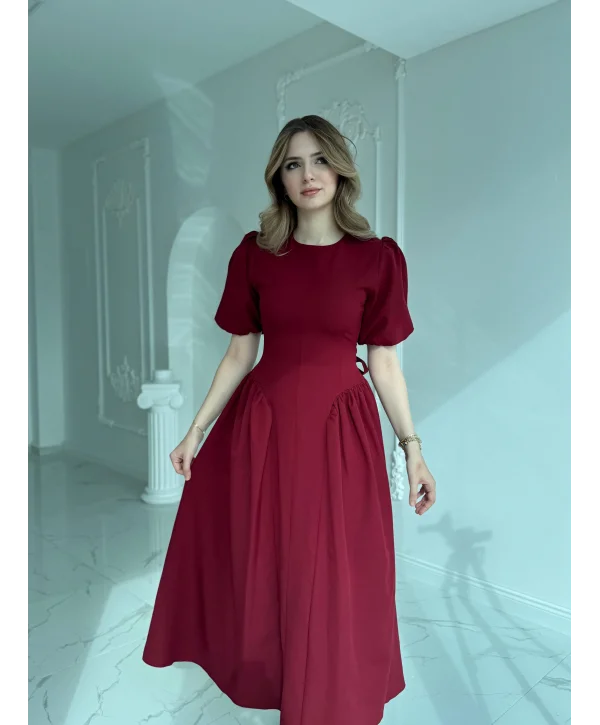 Etek Yanları Büzgülü Balon Kol Sırt Kuşaklı Bordo Elbise