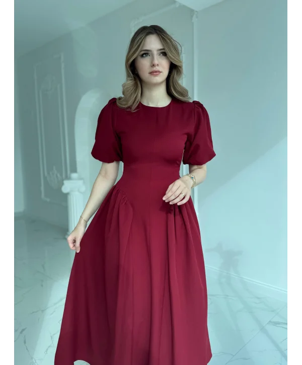 Etek Yanları Büzgülü Balon Kol Sırt Kuşaklı Bordo Elbise