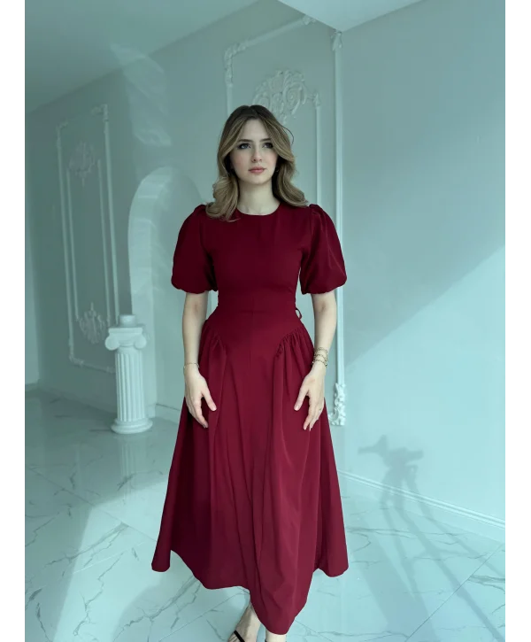 Etek Yanları Büzgülü Balon Kol Sırt Kuşaklı Bordo Elbise