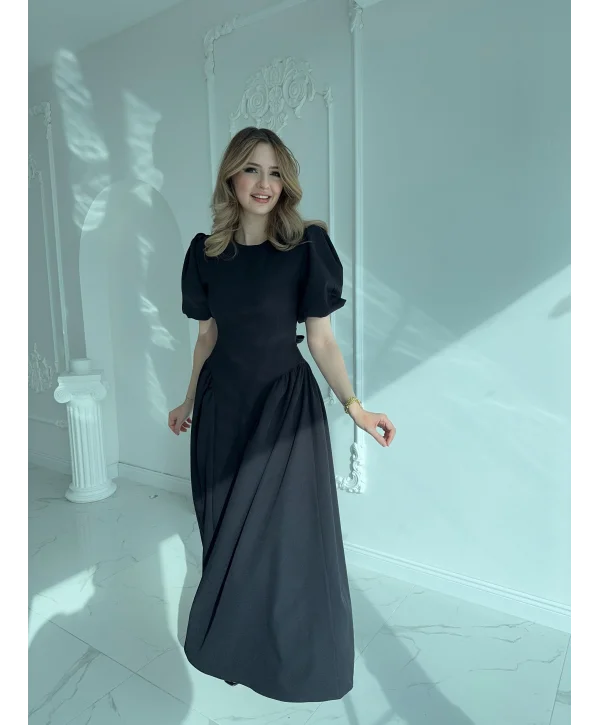 Etek Yanları Büzgülü Balon Kol Sırt Kuşaklı Siyah Elbise