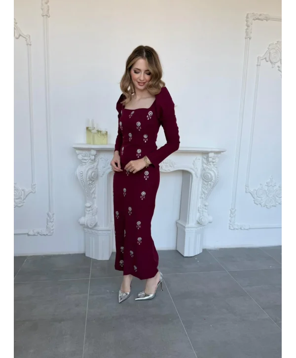 Etnik Taş İşlemeli Kare Yaka Uzun Kol Bordo Elbise