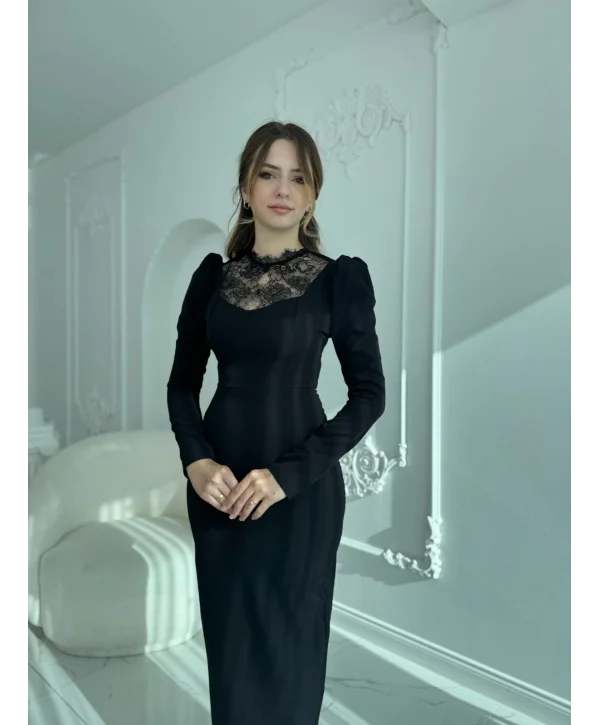 Feminen Dantel Detaylı Uzun Kollu Siyah Elbise