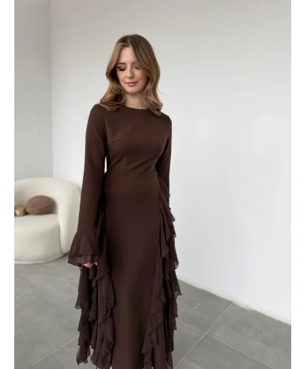 Fırfır Detay Kahve Elbise