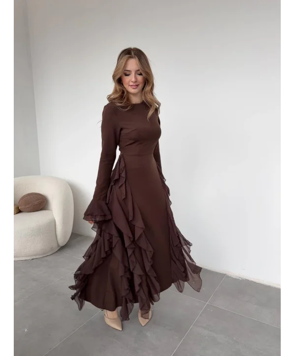 Fırfır Detay Kahve Elbise