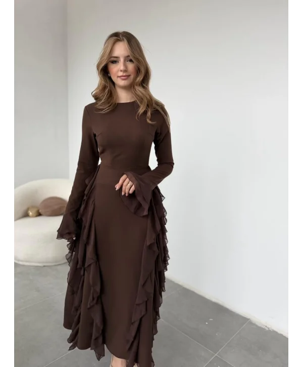Fırfır Detay Kahve Elbise