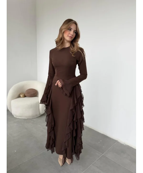 Fırfır Detay Kahve Elbise