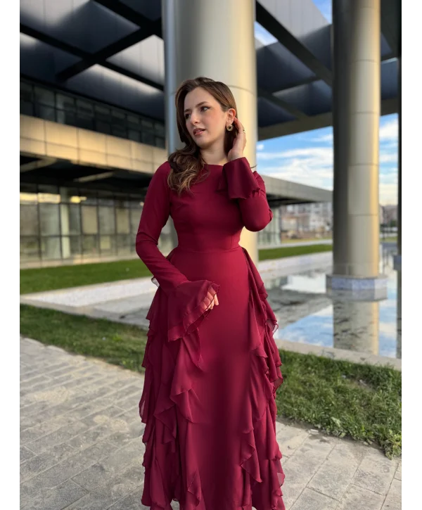 Fırfır Detay Bordo Elbise