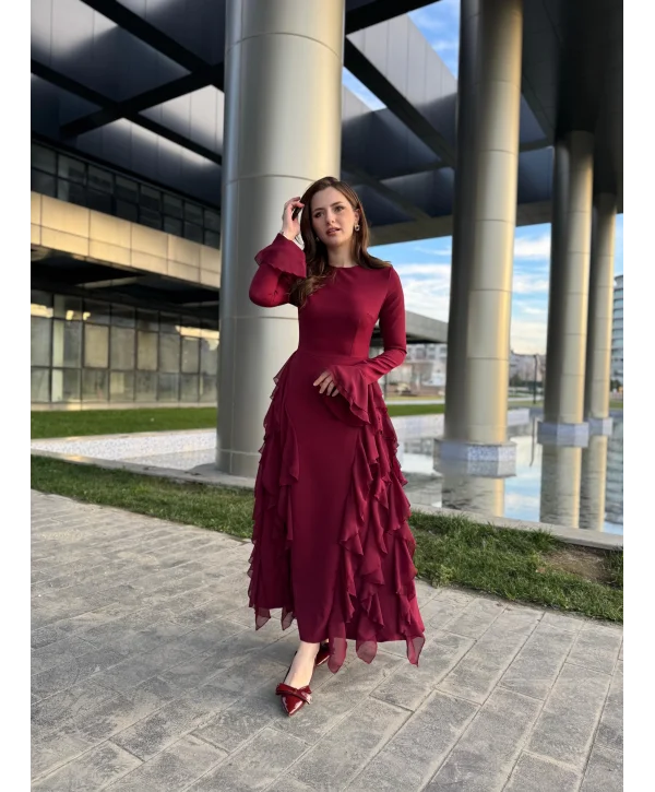 Fırfır Detay Bordo Elbise