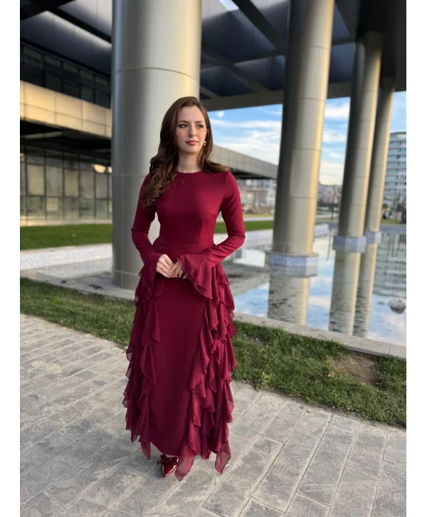 Fırfır Detay Bordo Elbise