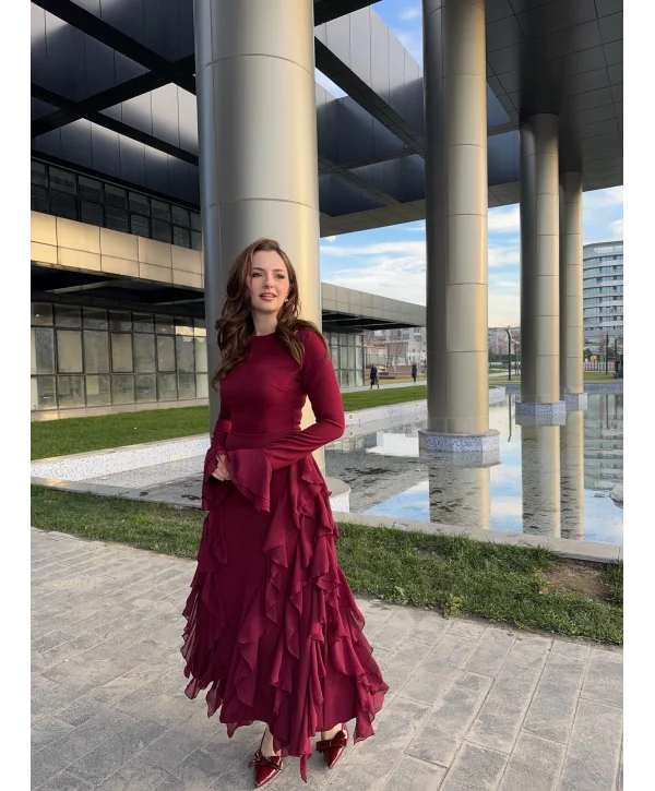 Fırfır Detay Bordo Elbise