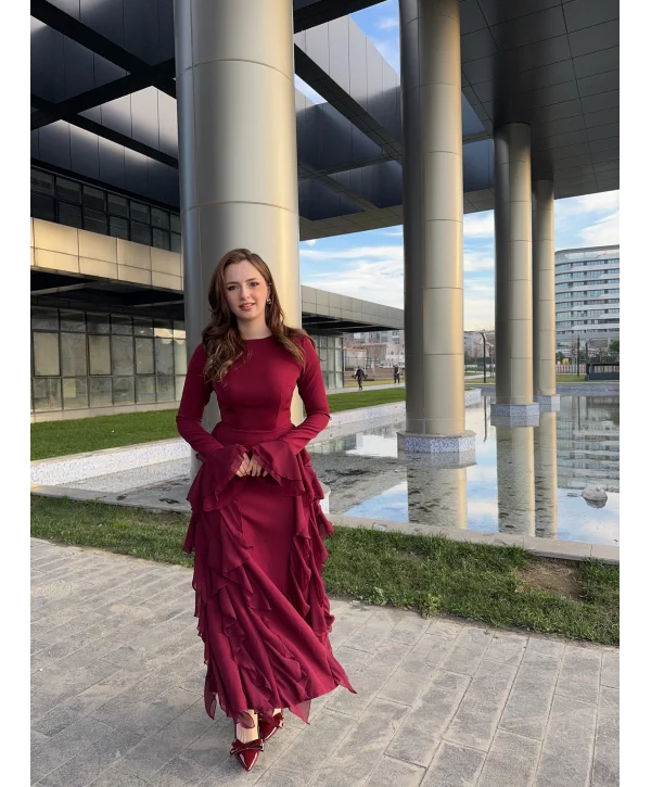 Fırfır Detay Bordo Elbise