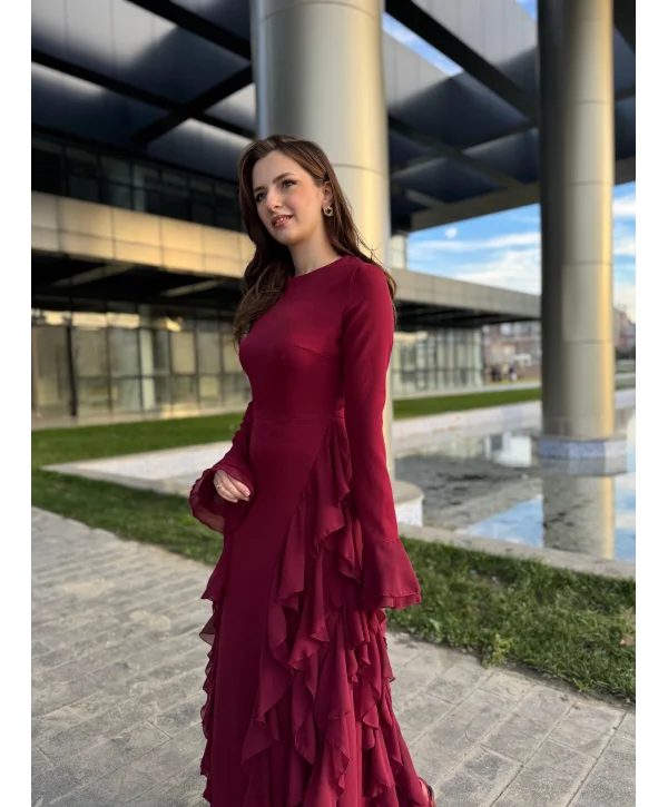 Fırfır Detay Bordo Elbise