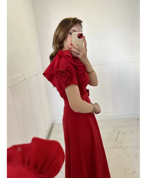 Fırfır Gül Kol Detaylı Kırmızı Maxi Boy Elbise