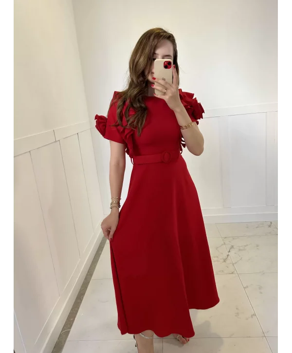 Fırfır Gül Kol Detaylı Kırmızı Maxi Boy Elbise