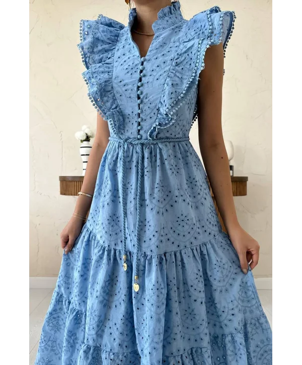 Fisto Kumaş Mavi Kemer Detaylı Elbise