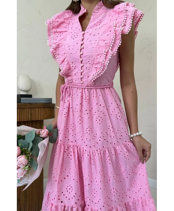 Fisto Kumaş Pembe Kemer Detaylı Elbise