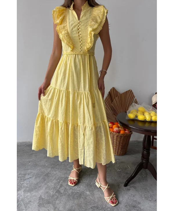 Fisto Kumaş Sarı Kemer Detaylı Elbise