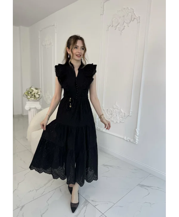 Fisto Kumaş Siyah Kemer Detaylı Elbise