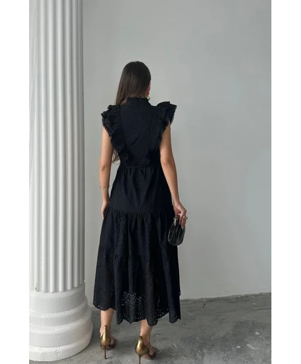 Fisto Kumaş Siyah Kemer Detaylı Elbise