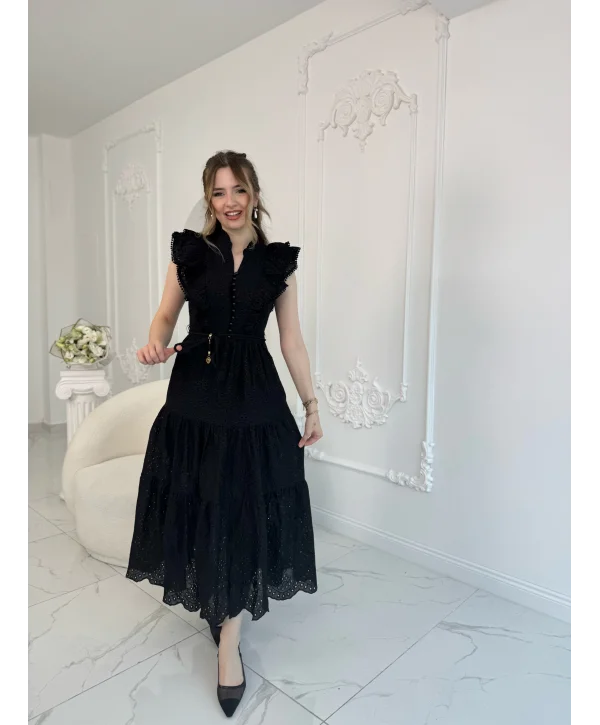 Fisto Kumaş Siyah Kemer Detaylı Elbise