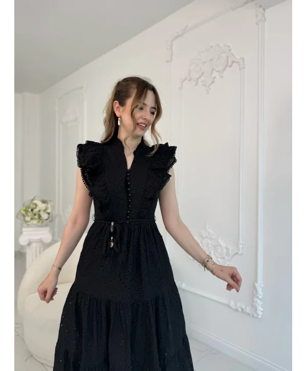 Fisto Kumaş Siyah Kemer Detaylı Elbise