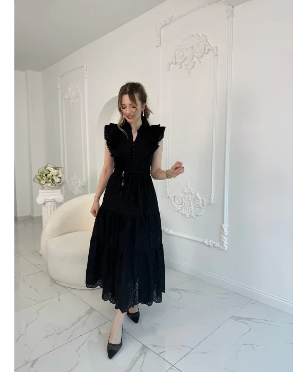 Fisto Kumaş Siyah Kemer Detaylı Elbise